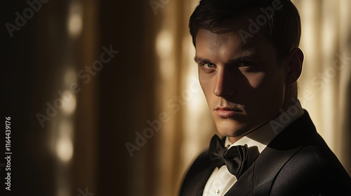 1930s portrait of a man in a suit and bow tie, dramatic shadows, soft background blur photo