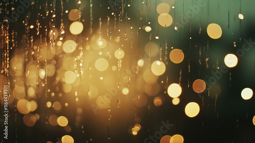 Golden bokeh lights with soft raindrops creating an abstract background pattern for artistic and design projects.