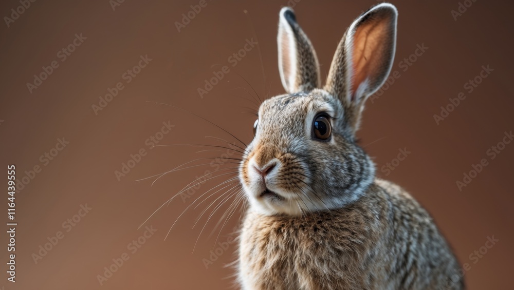 Fototapeta premium wild rabbit looking surprised on brown background copy space