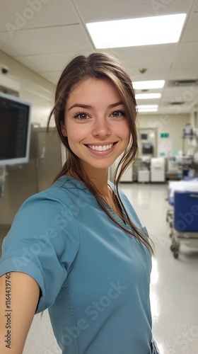 Medical professional smiles in a bright hospital room during patient care hours