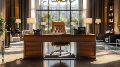 Modern office interior with large desk and comfortable seating near sunny win...