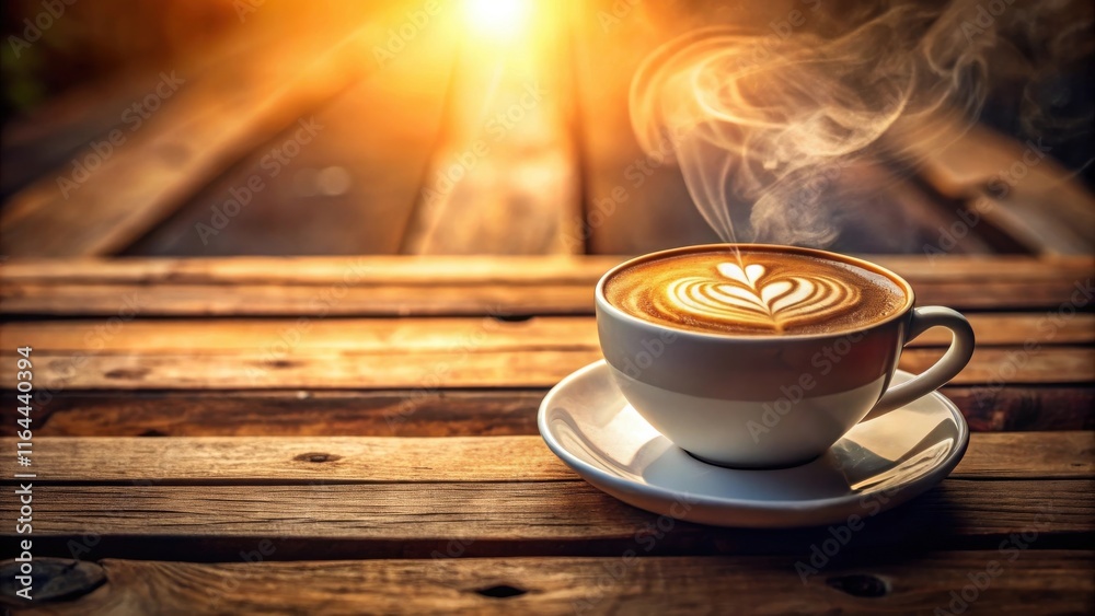 Obraz premium Warm Latte Art on Rustic Wood Table at Sunrise
