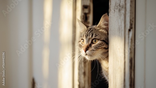 Curious Cat Peeking Through a Doorway in Sunlight.
