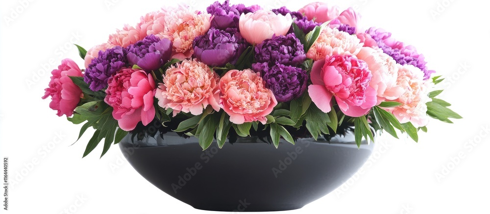 Obraz premium Vibrant peony bouquet in a stylish black vase ideal for home decor or special events showcasing floral elegance and beauty.