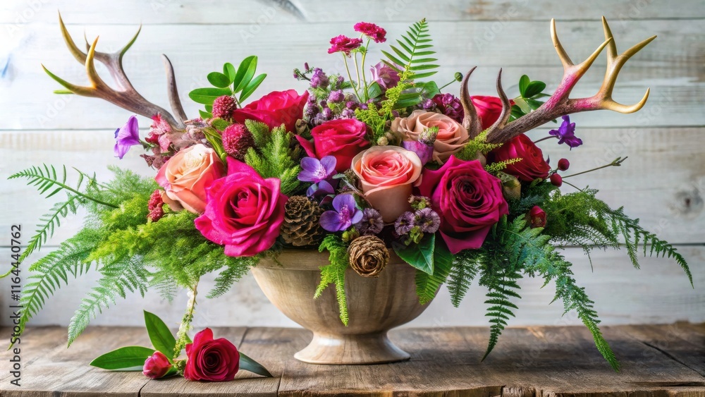 Obraz premium Stunning floral arrangement with antlers, vibrant roses, and lush greenery in a wooden bowl