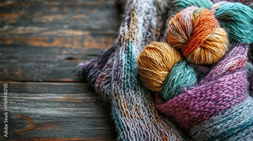 Colorful handmade yarn and knitted scarf on rustic wooden background showcasing craftsmanship and cozy design. photo