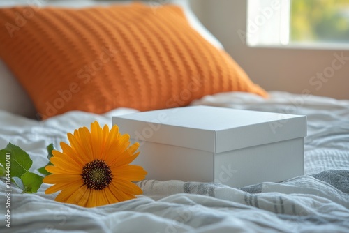 Delivered gift box resting on soft fabric with colorful flowers nearby in a b...