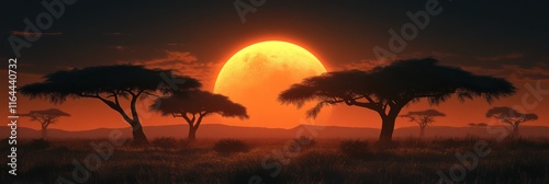 African savanna sunset with acacia trees silhouetted against a large sun