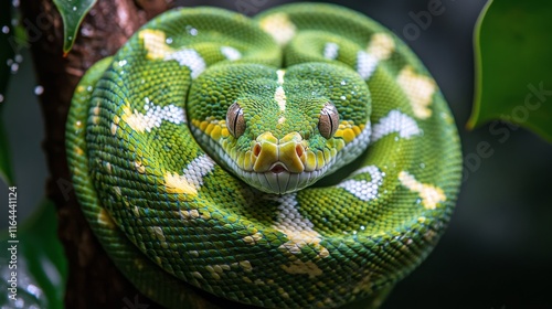 Green snake resting on a branch surrounded by lush foliage in a vibrant habitat