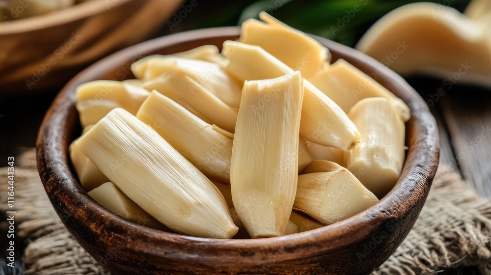 Boiled bamboo shoots displayed in a wooden bowl as a fresh food ingredient for healthy cooking and culinary delights Boiled bamboo shoots displayed in a wooden bowl as a fresh food ingredient for healthy cooking and culinary delights