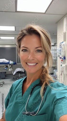 Medical professional smiles in a bright hospital room during patient care hours