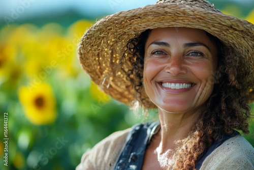 Smiling girl wearing a straw hat enjoys a sunny day at a beachside bar in summer