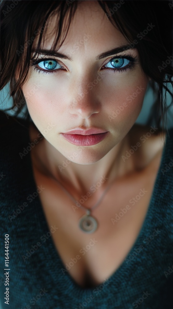Intense gaze of a woman with striking blue eyes wearing a simple necklace indoors Intense gaze of a woman with striking blue eyes wearing a simple necklace indoors