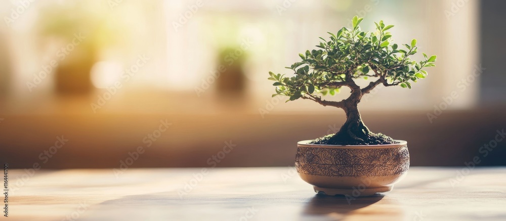 Bonsai tree in a decorative pot on a wooden table enhancing tranquility for home decor and meditation environments