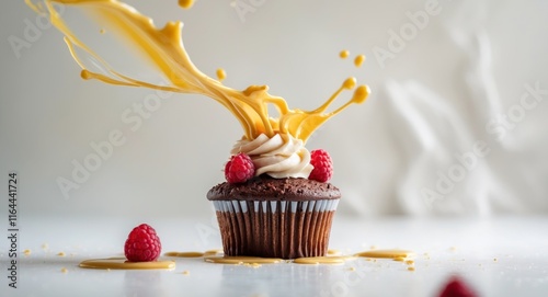 Chocolate Cupcake with Raspberries and Glaze Splash. photo