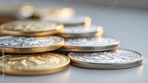 A row of five gold and silver dollar coins are stacked on top of each other. photo