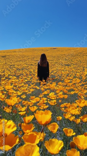 Vibrant golden poppy fields with a solitary figure embracing nature on a sunn...