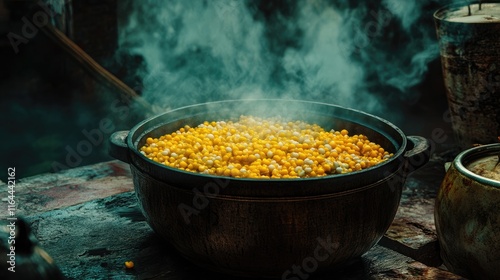 Steam Rising from Boiled Sweetcorn in a Rustic Pot Close-Up in a Traditional Kitchen Setting photo