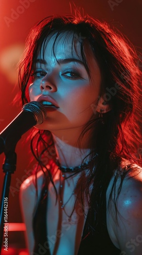 Performer singing passionately under vibrant stage lights at a music venue