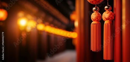 Vibrant Chinese lanterns illuminate a serene pathway, symbolizing tradition and celebration in an enchanting atmosphere. photo