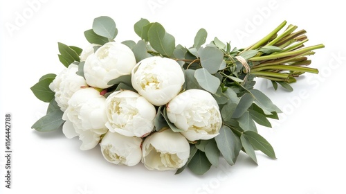 Elegant bouquet of white peonies mixed with fresh eucalyptus leaves on a clean white background for floral design or event decoration.