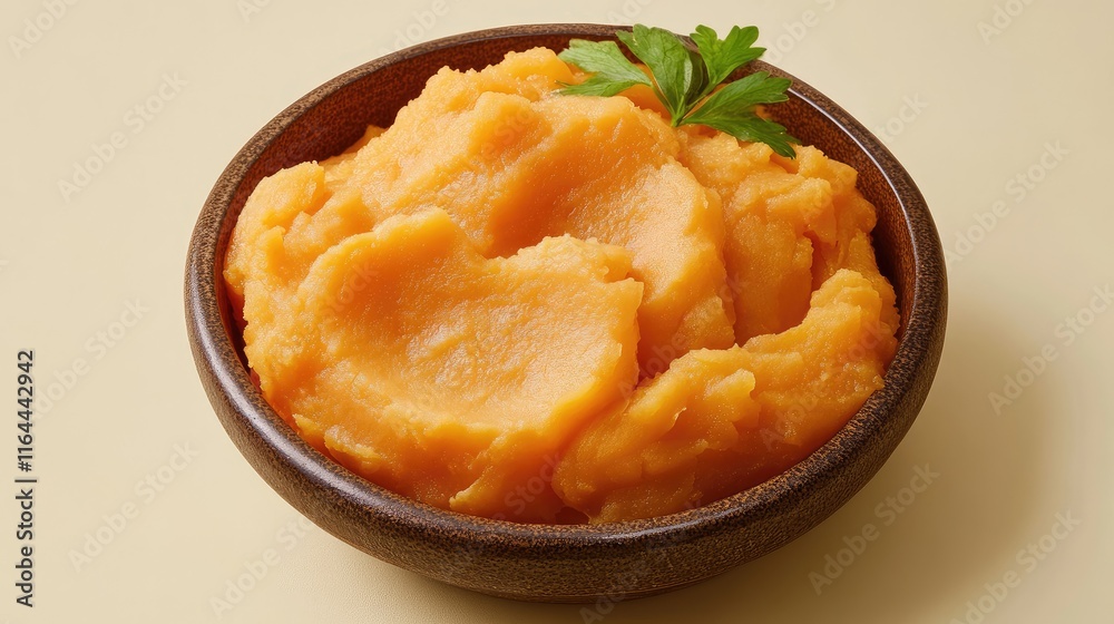Creamy Mashed Sweet Potatoes in a Rustic Bowl Garnished with Fresh Parsley on a Light Background Creamy Mashed Sweet Potatoes in a Rustic Bowl Garnished with Fresh Parsley on a Light Background