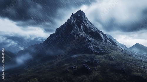 Storm clouds over a rugged mountain peak, rain lightly falling on the terrain photo