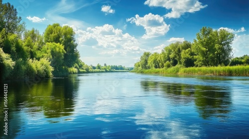 Serene river landscape with lush trees under a bright blue sky and fluffy clouds reflecting on the water surface