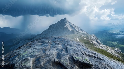 Storm clouds over a rugged mountain peak, rain lightly falling on the terrain photo