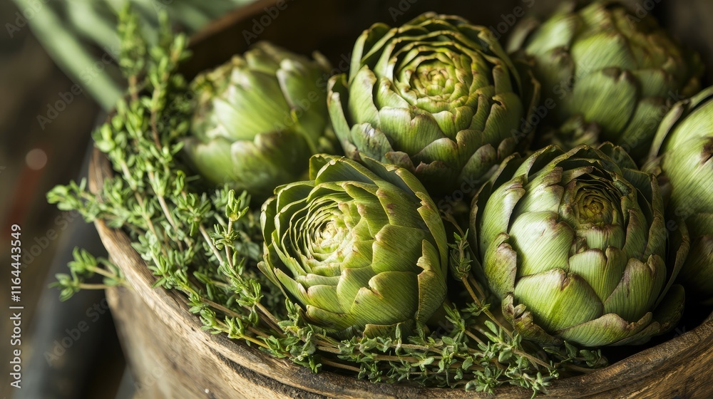 Obraz premium Fresh artichokes displayed in a rustic bowl garnished with vibrant thyme leaves ideal for cooking and culinary presentations