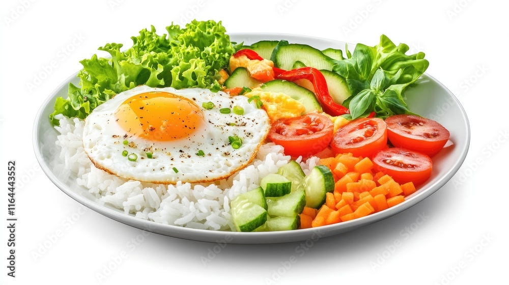 Boiled rice with vegetables fried egg and fresh salad leaves served on a white plate isolated on a clean background Boiled rice with vegetables fried egg and fresh salad leaves served on a white plate isolated on a clean background