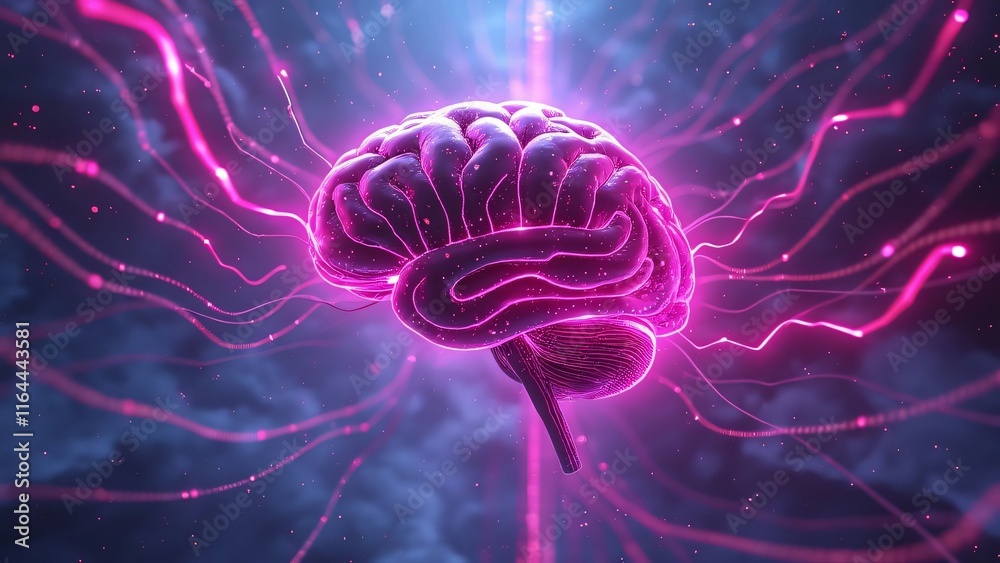 Fototapeta premium Glowing Pink Human Brain Neural Network AI Art, Abstract Mind Power Concept