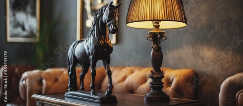 Elegant black horse statue with broken leg alongside antique lamp on rustic wooden table for sophisticated home interior decor accents photo