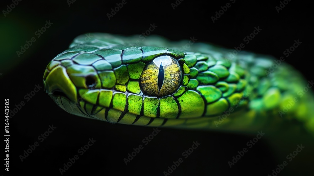 Boiga snake poised for action with striking emerald scales and piercing eyes against a dark background Boiga snake poised for action with striking emerald scales and piercing eyes against a dark background