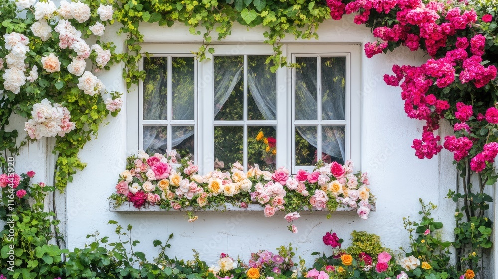 Charming floral window display with vibrant roses and lush greenery creating a picturesque and inviting ambiance in a sunny setting Charming floral window display with vibrant roses and lush greenery creating a picturesque and inviting ambiance in a sunny setting