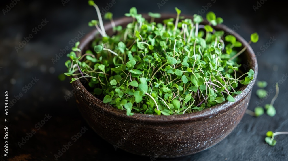 Bowl of vibrant microgreens showcasing freshness and health against a dark background perfect for culinary and wellness themes Bowl of vibrant microgreens showcasing freshness and health against a dark background perfect for culinary and wellness themes