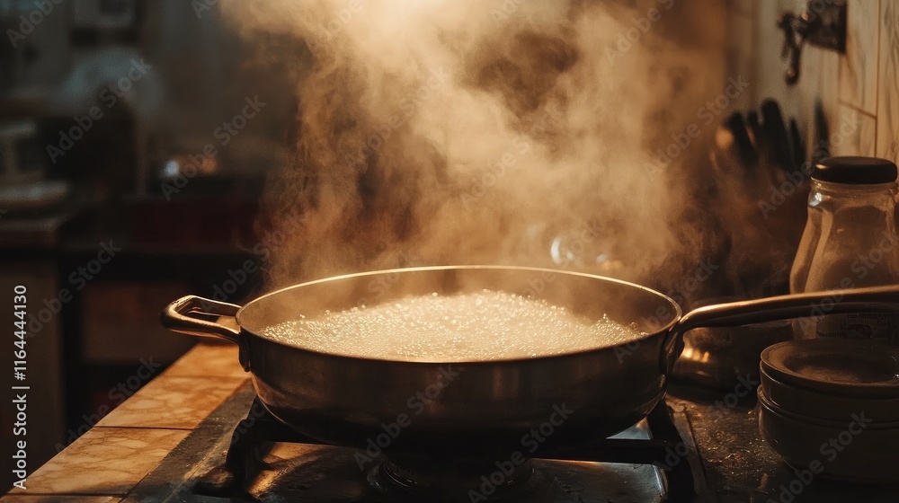 Steam rising from boiling water in a stainless steel pan on a gas stove in a cozy kitchen environment Steam rising from boiling water in a stainless steel pan on a gas stove in a cozy kitchen environment