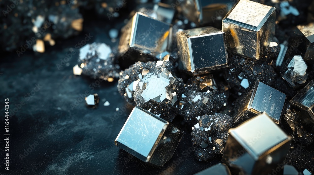 Black background showcasing a pile of reflective pyrite cubes on a dark textured surface highlighting their unique metallic shine Black background showcasing a pile of reflective pyrite cubes on a dark textured surface highlighting their unique metallic shine