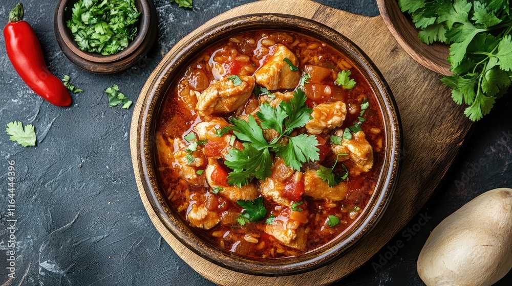 Delicious chicken stew served with fresh herbs and colorful vegetables on a wooden board. Perfect for food lovers and culinary enthusiasts. Delicious chicken stew served with fresh herbs and colorful vegetables on a wooden board. Perfect for food lovers and culinary enthusiasts.