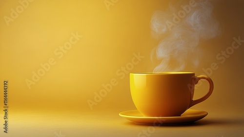 Warm cup of coffee with steam rising and coffee beans on a yellow background