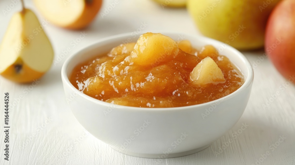 Bowl of homemade orange marmalade with fresh apples and pears on a rustic white wooden table background. Bowl of homemade orange marmalade with fresh apples and pears on a rustic white wooden table background.