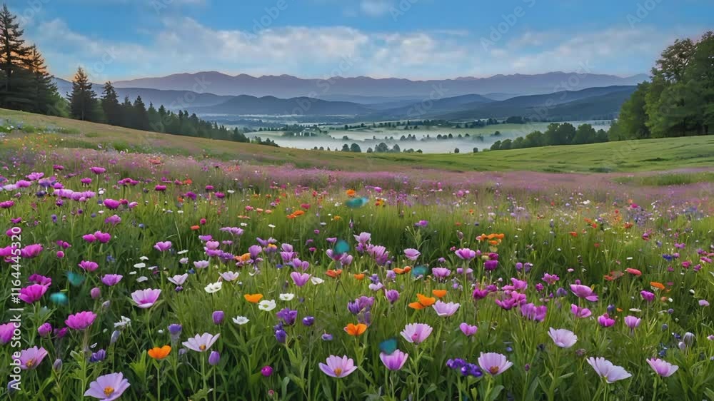 Idyllic countryside meadow with vibrant wildflowers and seamless looping 4K time-lapse animation video background Idyllic countryside meadow with vibrant wildflowers and seamless looping 4K time-lapse animation video background