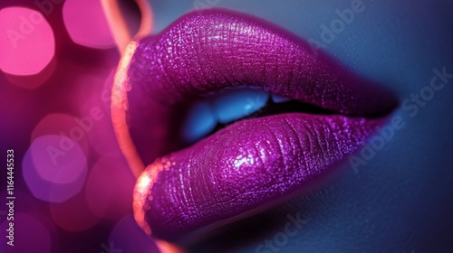 Close-up of woman applying vibrant lip color with pencil in beauty studio set...