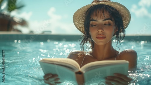 Relaxing in the pool while enjoying a book under the sun with a straw hat on