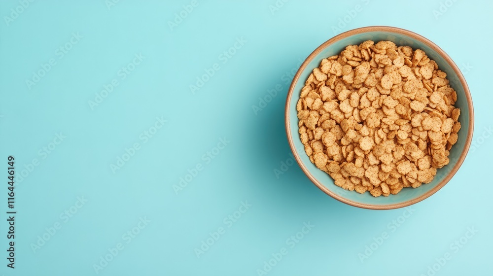 Bowl of crunchy dry dog kibble on a light blue background with ample empty space for creative design and branding needs