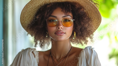 Stylish summer portrait of a woman with curly hair and sunglasses against a y...