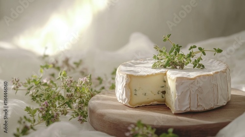 Camembert cheese with fresh thyme arranged on a rustic wooden board in a soft, natural light setting photo