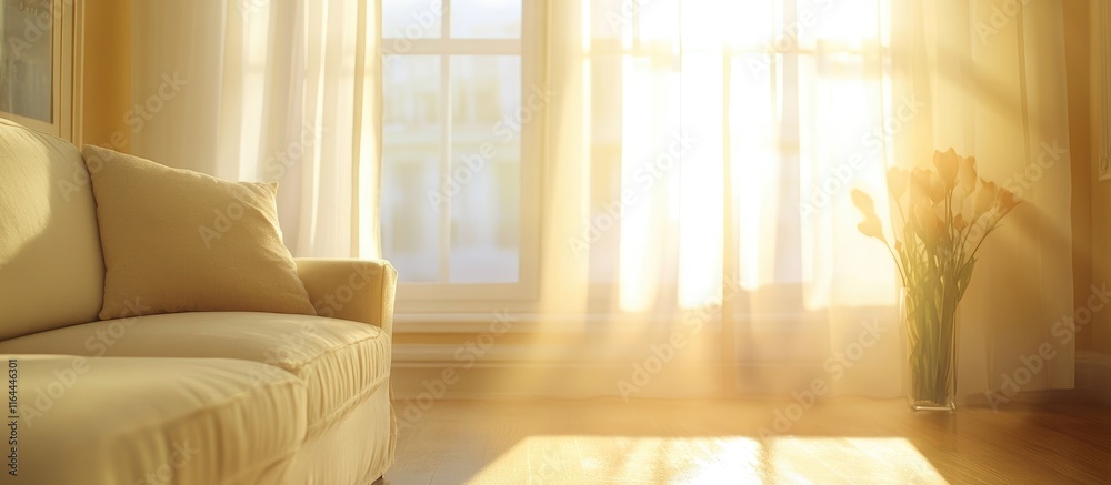 Fototapeta premium Bright living room interior with warm sunlight filtering through large windows creating a cozy and inviting atmosphere for background use