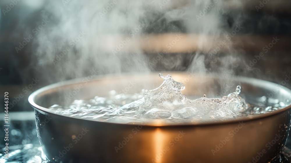 Closeup of boiling water splashing in a stainless steel pot with steam rising in the background creating a dynamic kitchen scene Closeup of boiling water splashing in a stainless steel pot with steam rising in the background creating a dynamic kitchen scene