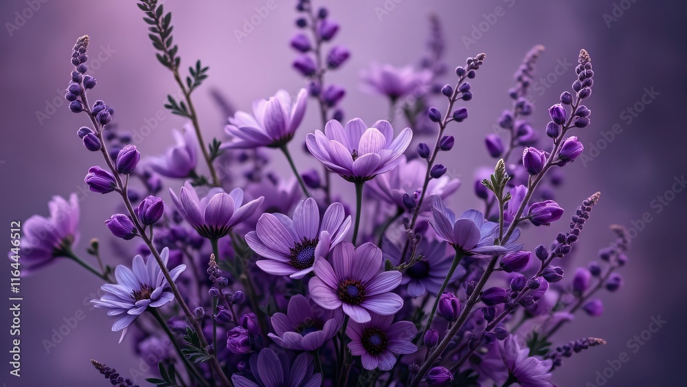 Fototapeta premium Vibrant Purple Flower Bouquet, Close-up of Delicate Blooms and Buds in Rich Violet Hues